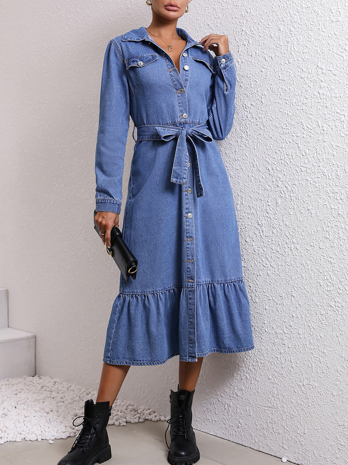 Collared Neck Button Down Denim Dress