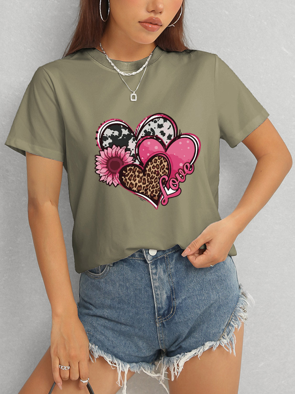 Heart Round Neck Short Sleeve T-Shirt