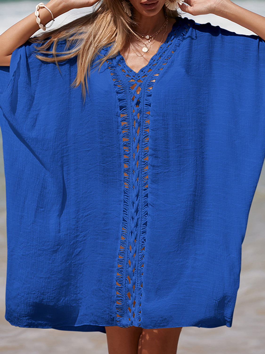 Cutout V-Neck Three-Quarter Sleeve Cover Up