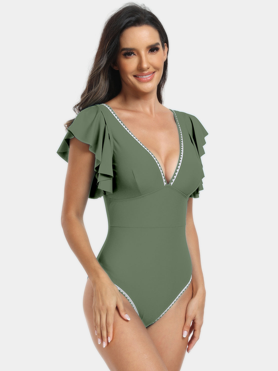 Plunge Cap Sleeve One-Piece Swimwear