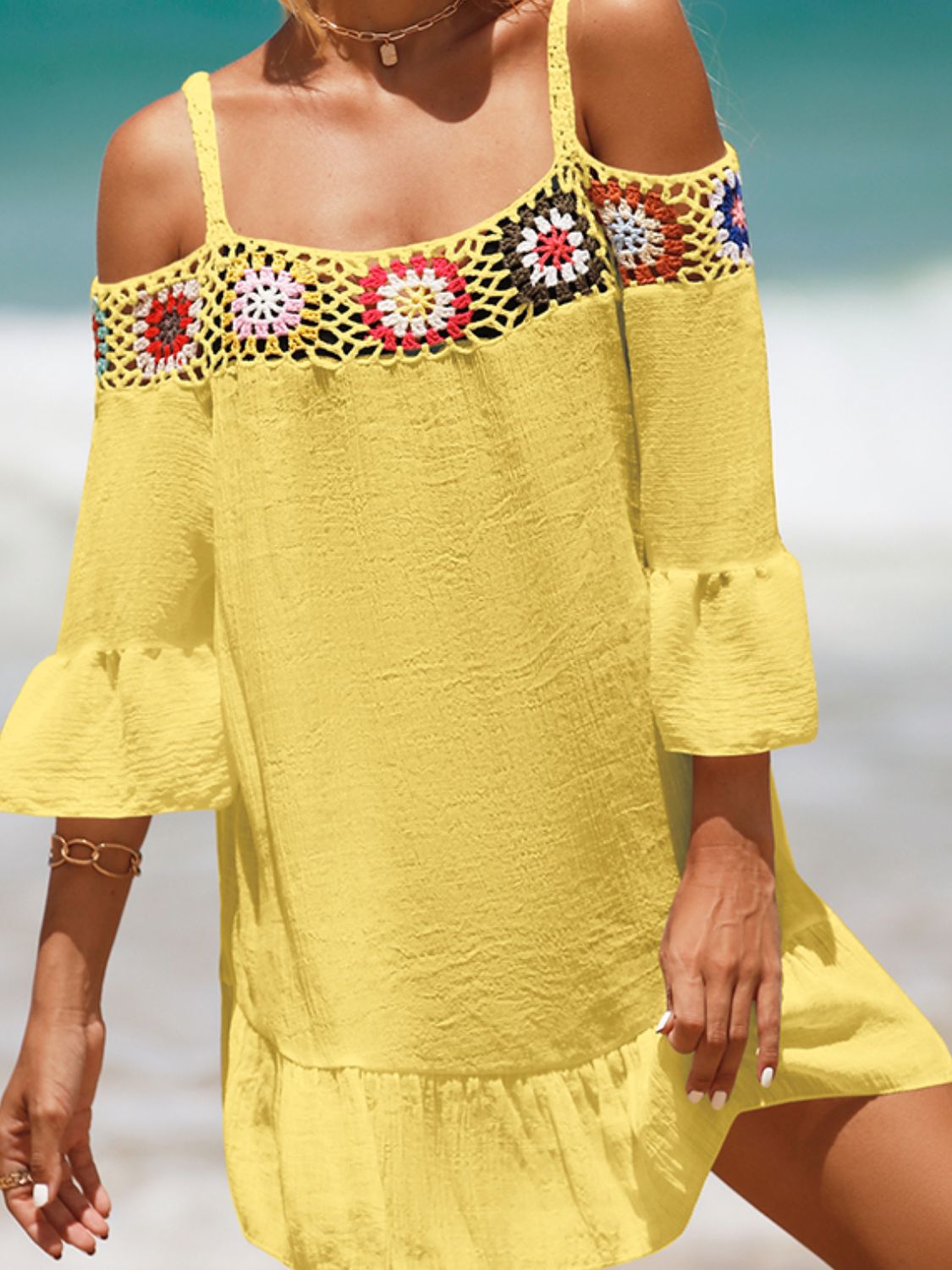 Crochet Cold Shoulder Three-Quarter Sleeve Cover Up