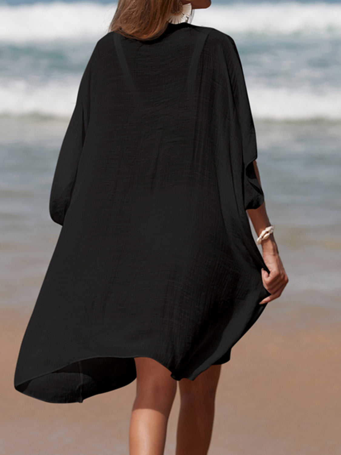 Cutout V-Neck Three-Quarter Sleeve Cover Up