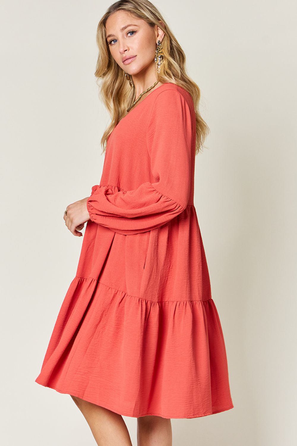 Double Take Full Size V-Neck Balloon Sleeve Tiered Dress