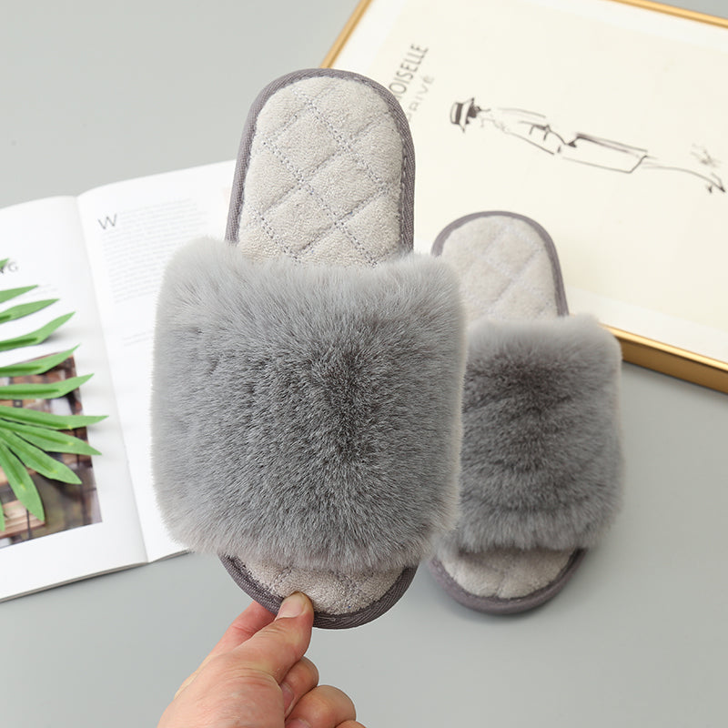 Faux Fur Open Toe Slippers