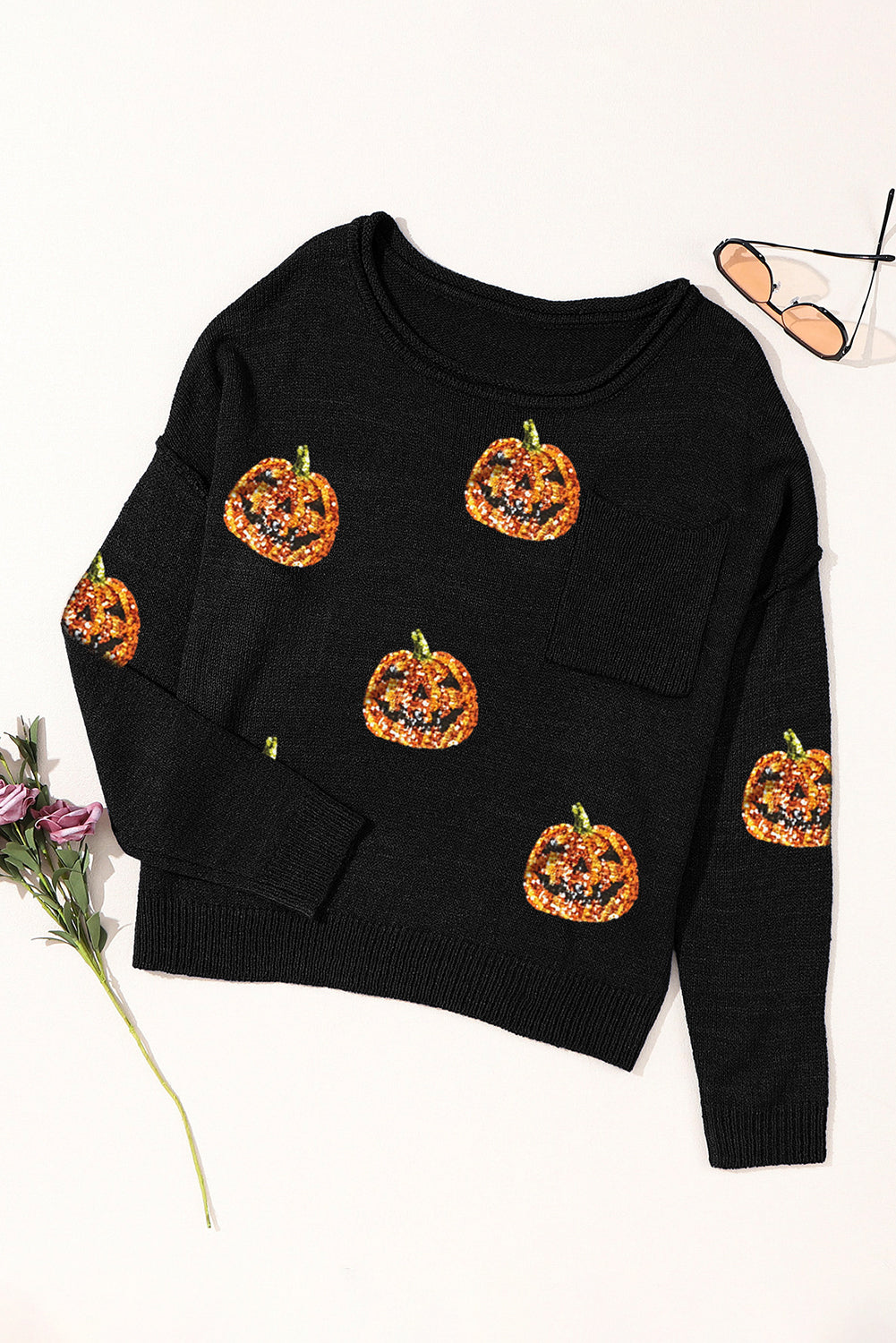 Pumpkin Round Neck Long Sleeve Knit Top