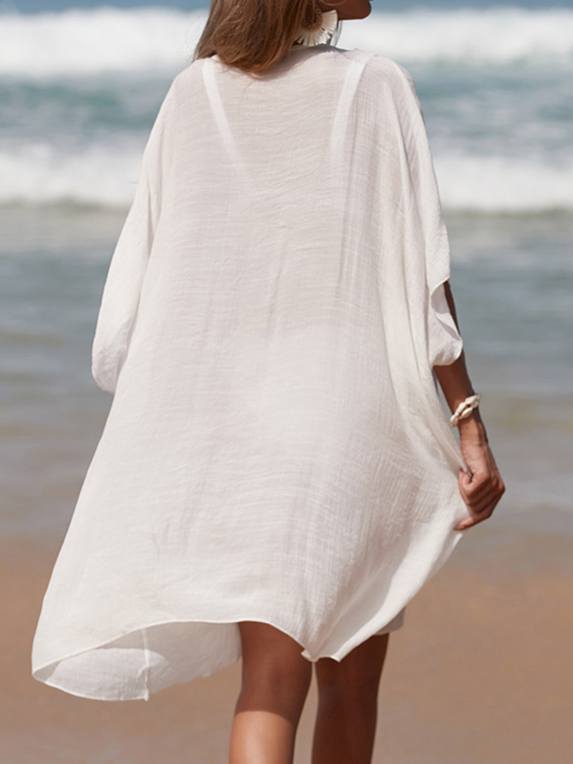 Cutout V-Neck Three-Quarter Sleeve Cover Up