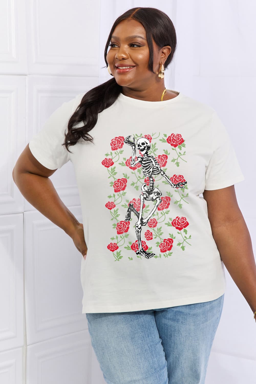 Simply Love Full Size Skeleton & Rose Graphic Cotton Tee