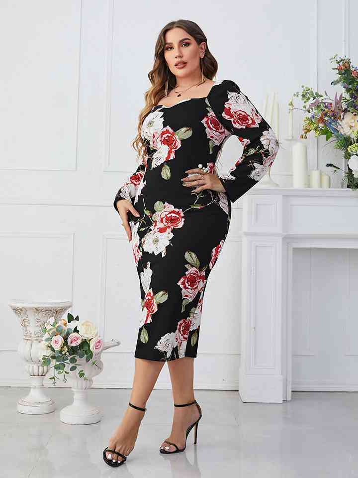 Plus Size Printed Square Neck Long Sleeve Dress