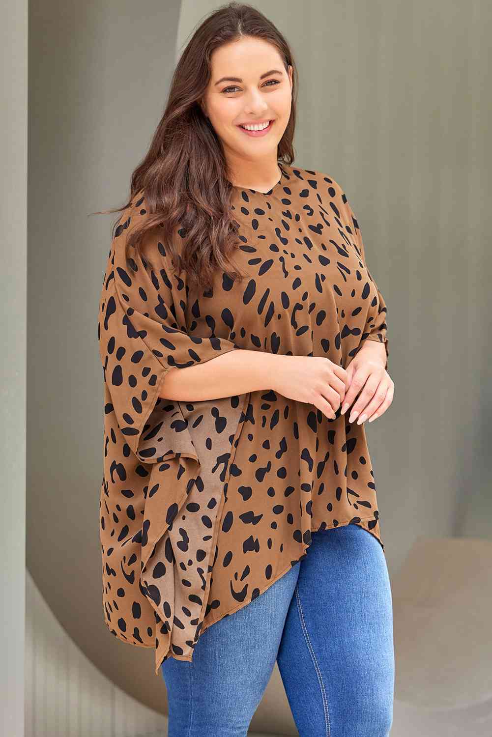 Plus Size Animal Print Handkerchief Hem Blouse