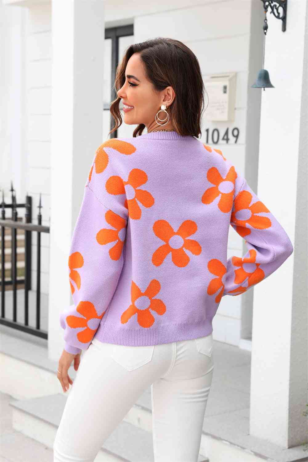 Floral Print Round Neck Dropped Shoulder Pullover Sweater