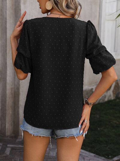 Swiss Dot V-Neck Short Sleeve Blouse