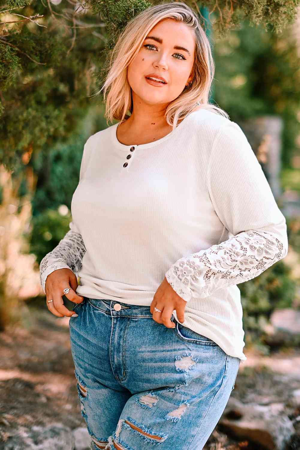 Plus Size Spliced Lace Ribbed Henley Top