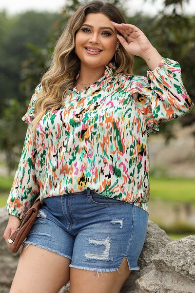 Plus Size Printed Ruffle Trim Long Sleeve Blouse