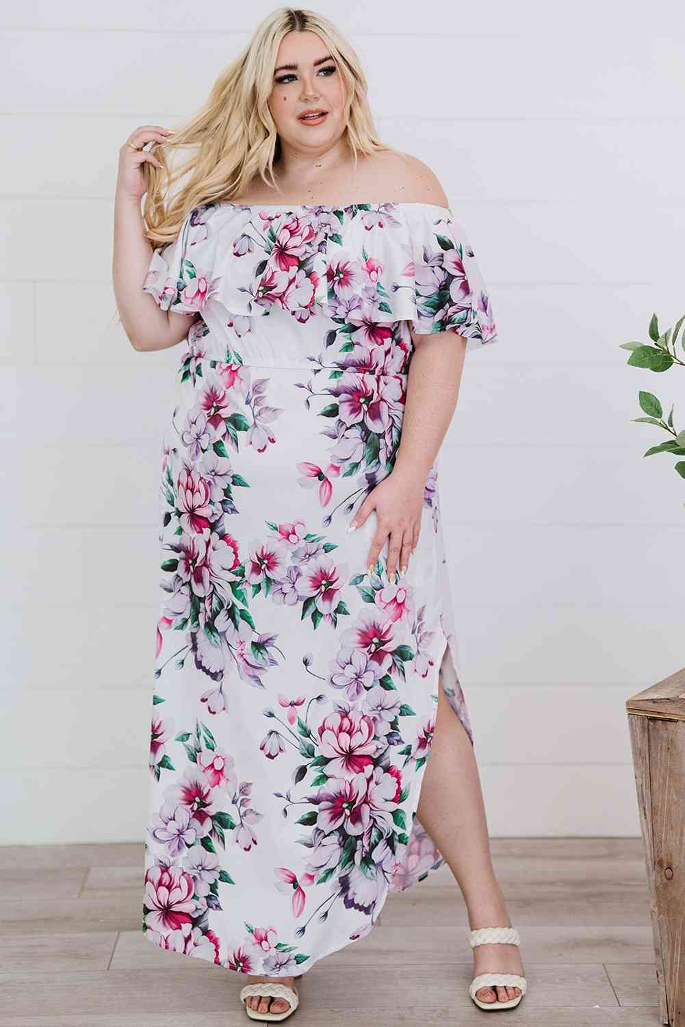 Plus Size Floral Off-Shoulder Side Slit Layered Dress