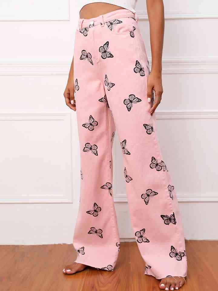 Butterfly Pattern Wide Leg Jeans