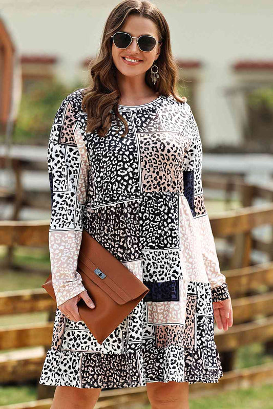 Plus Size Round Neck Leopard Print Long Sleeve Mini Dress