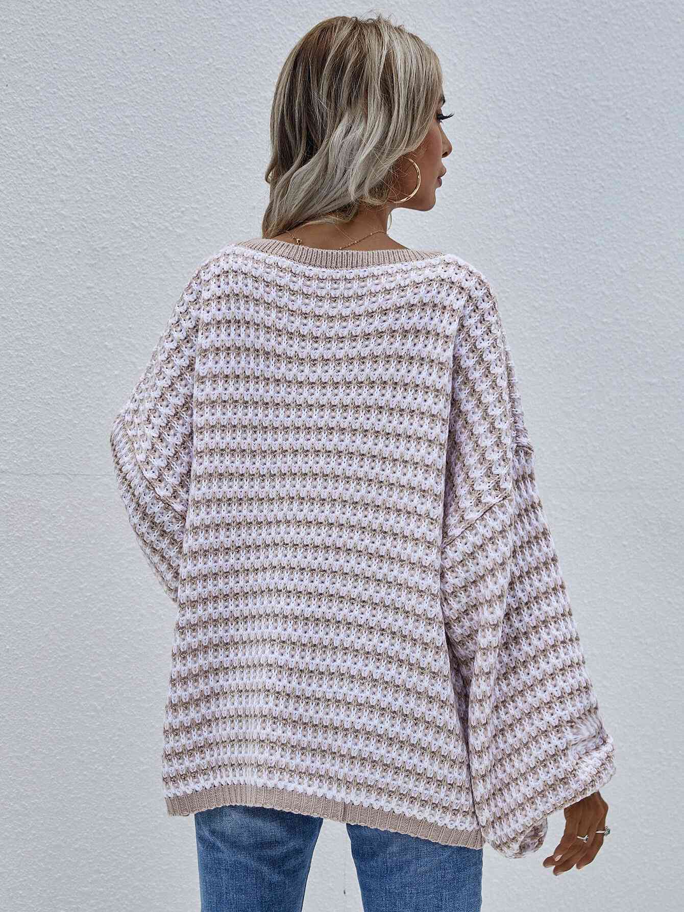 Striped Drop Shoulder V-Neck Pullover Sweater