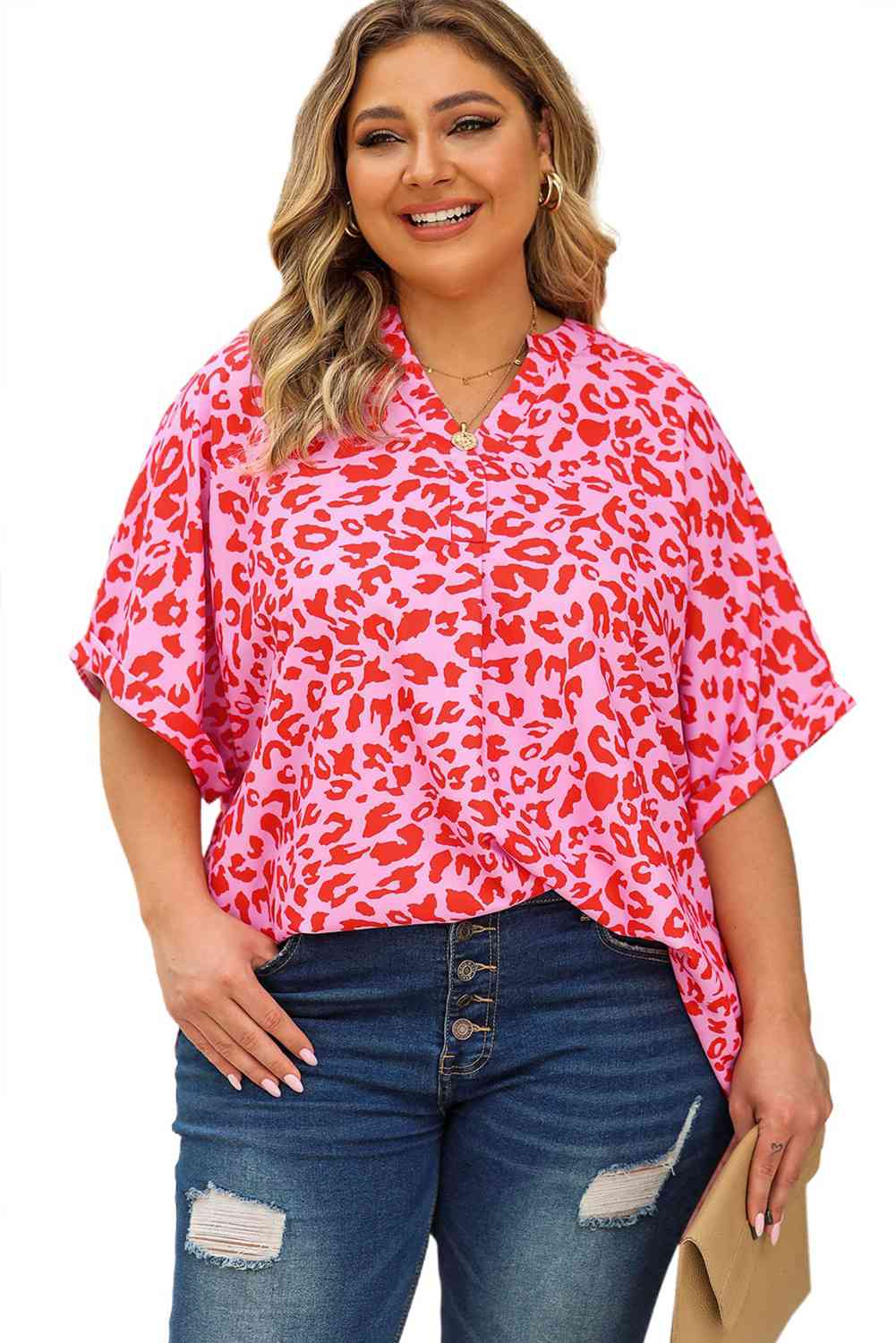 Plus Size Printed Notched Neck Half Sleeve Top