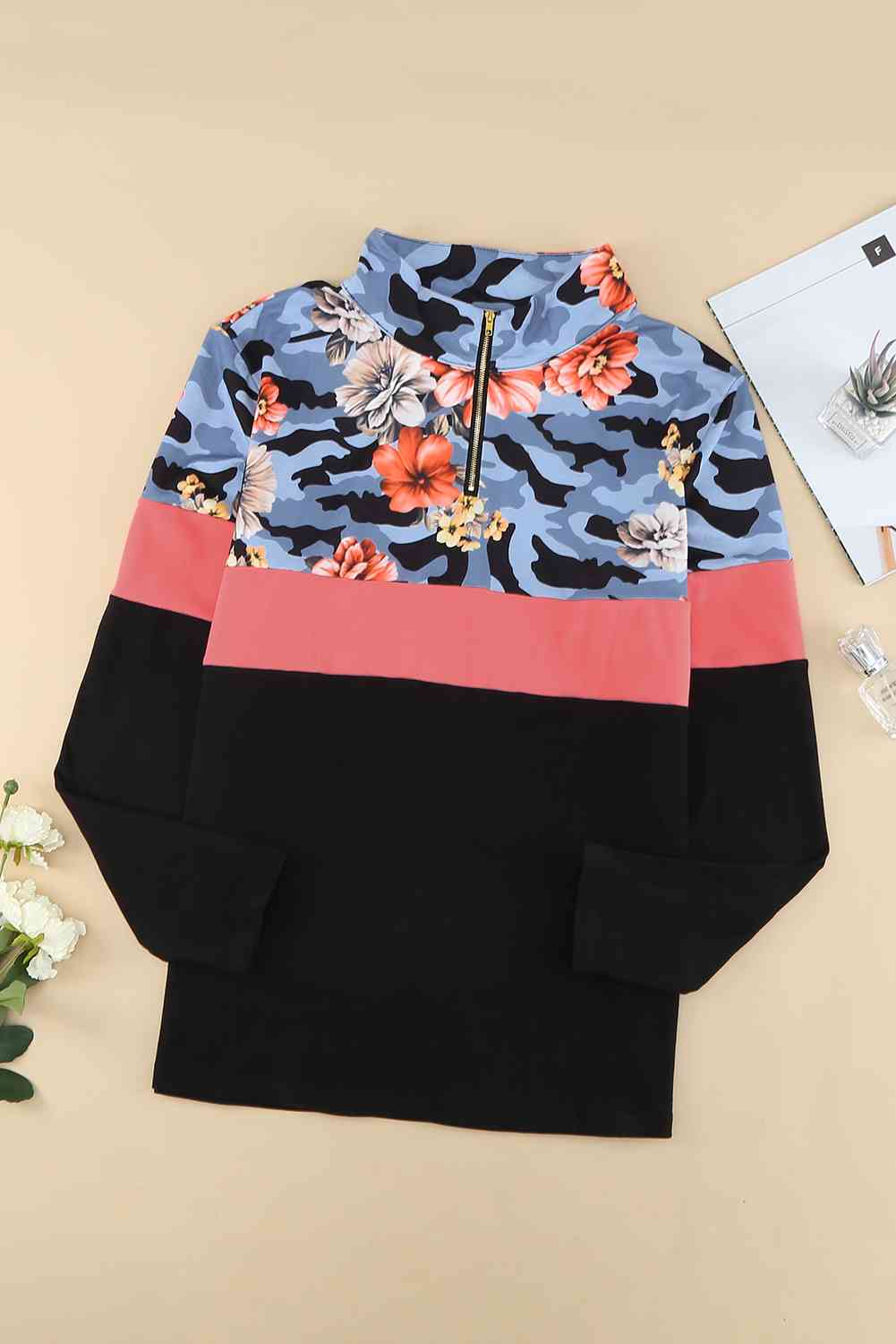 Plus Size Floral Color Block Quarter Zip Top