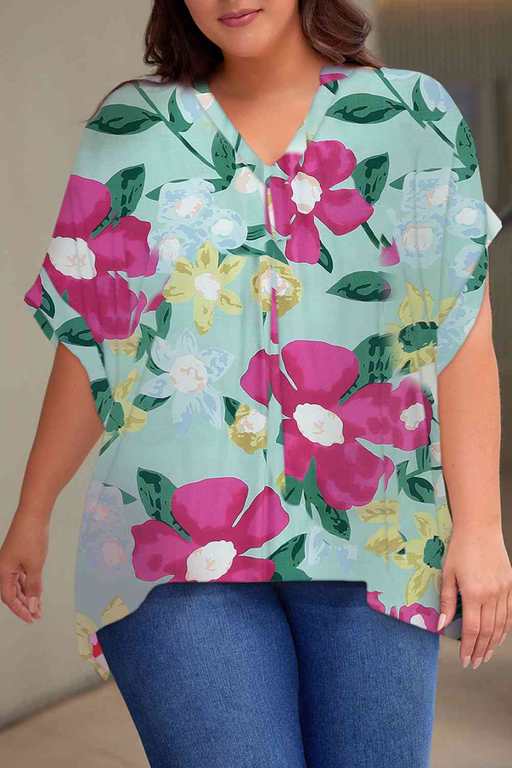 Plus Size Printed Notched Neck Half Sleeve Top