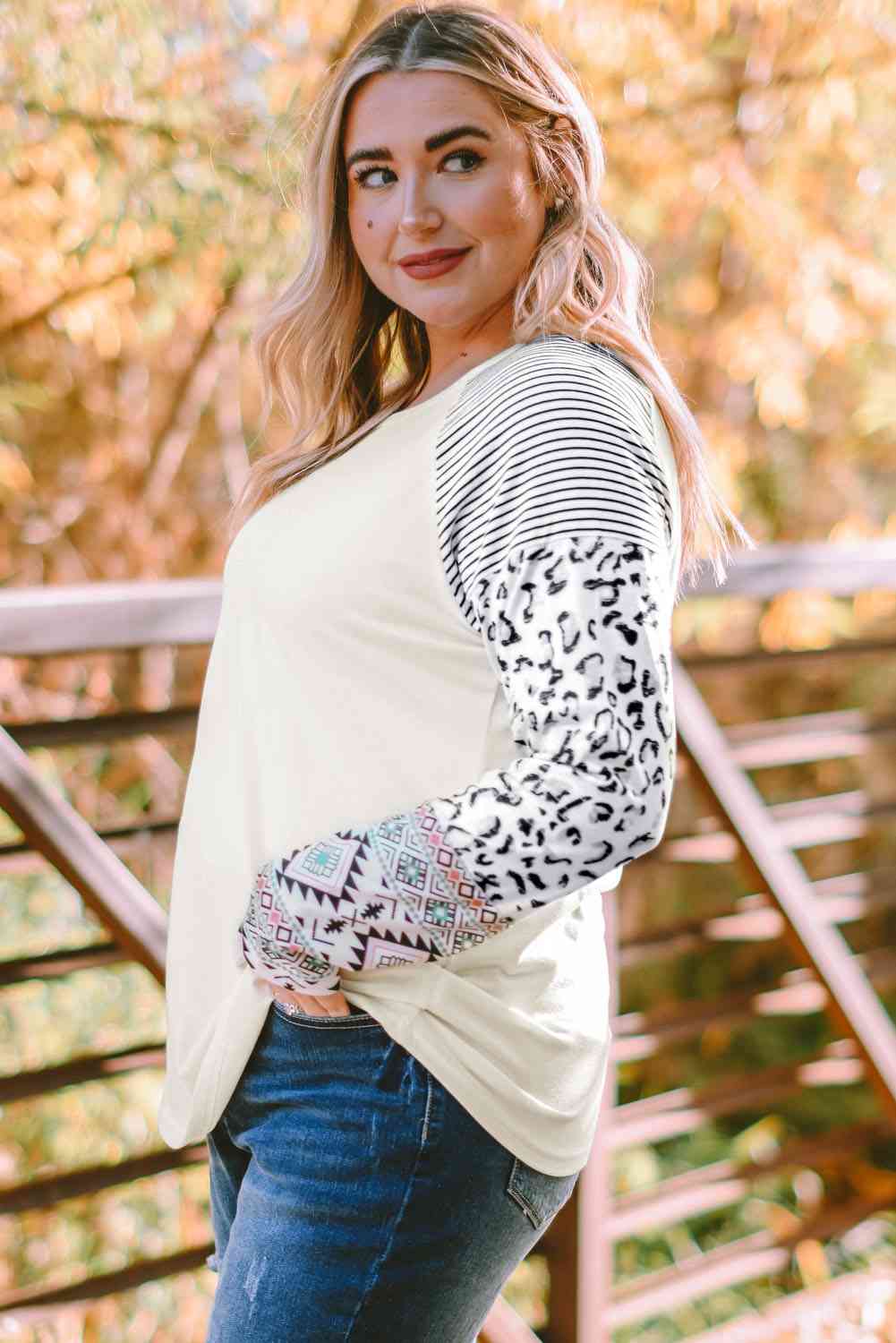 Plus Size Mixed Print Raglan Sleeve Round Neck Top