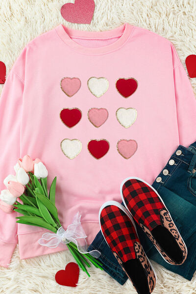 Heart Round Neck Dropped Shoulder Sweatshirt