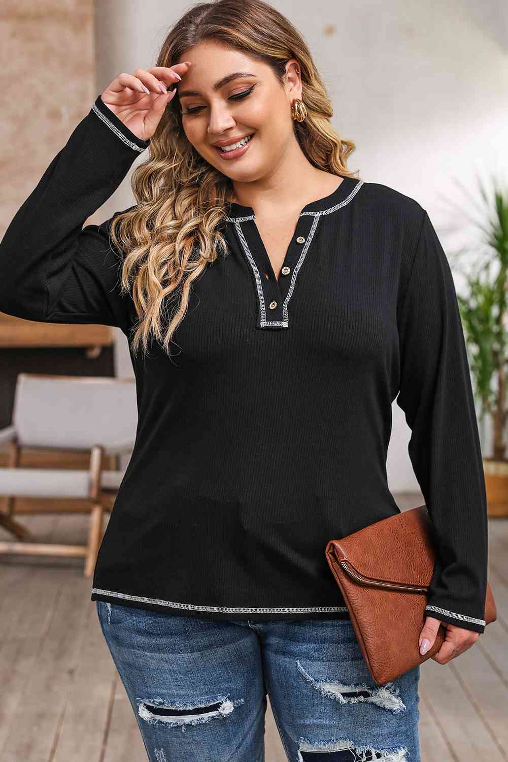 Plus Size Notched Neck Long Sleeve T-Shirt