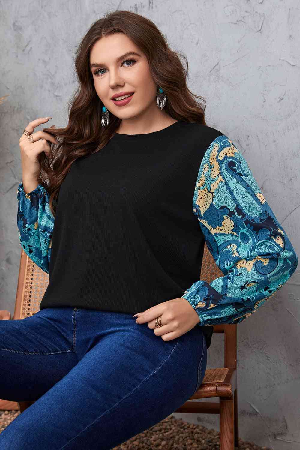 Melo Apparel Plus Size Printed Sleeve Round Neck Blouse