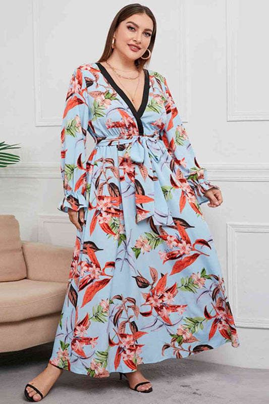 Plus Size Belted Surplice Flounce Sleeve Maxi Dress