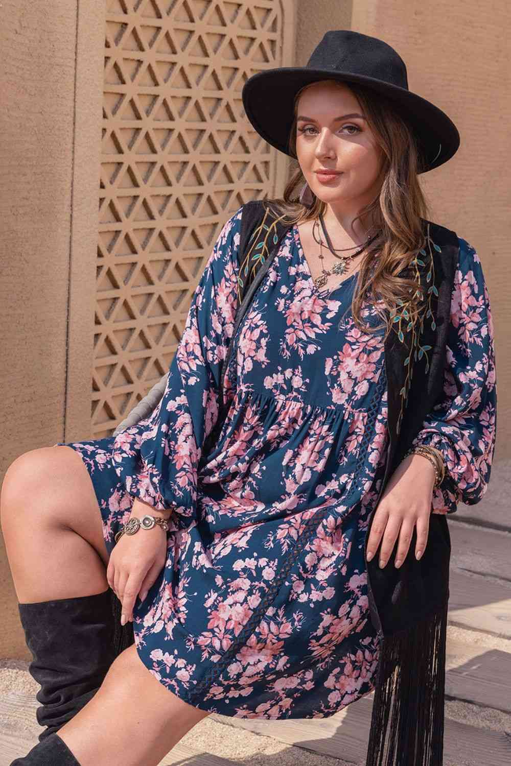 Plus Size Printed V-Neck Long Sleeve Mini Dress