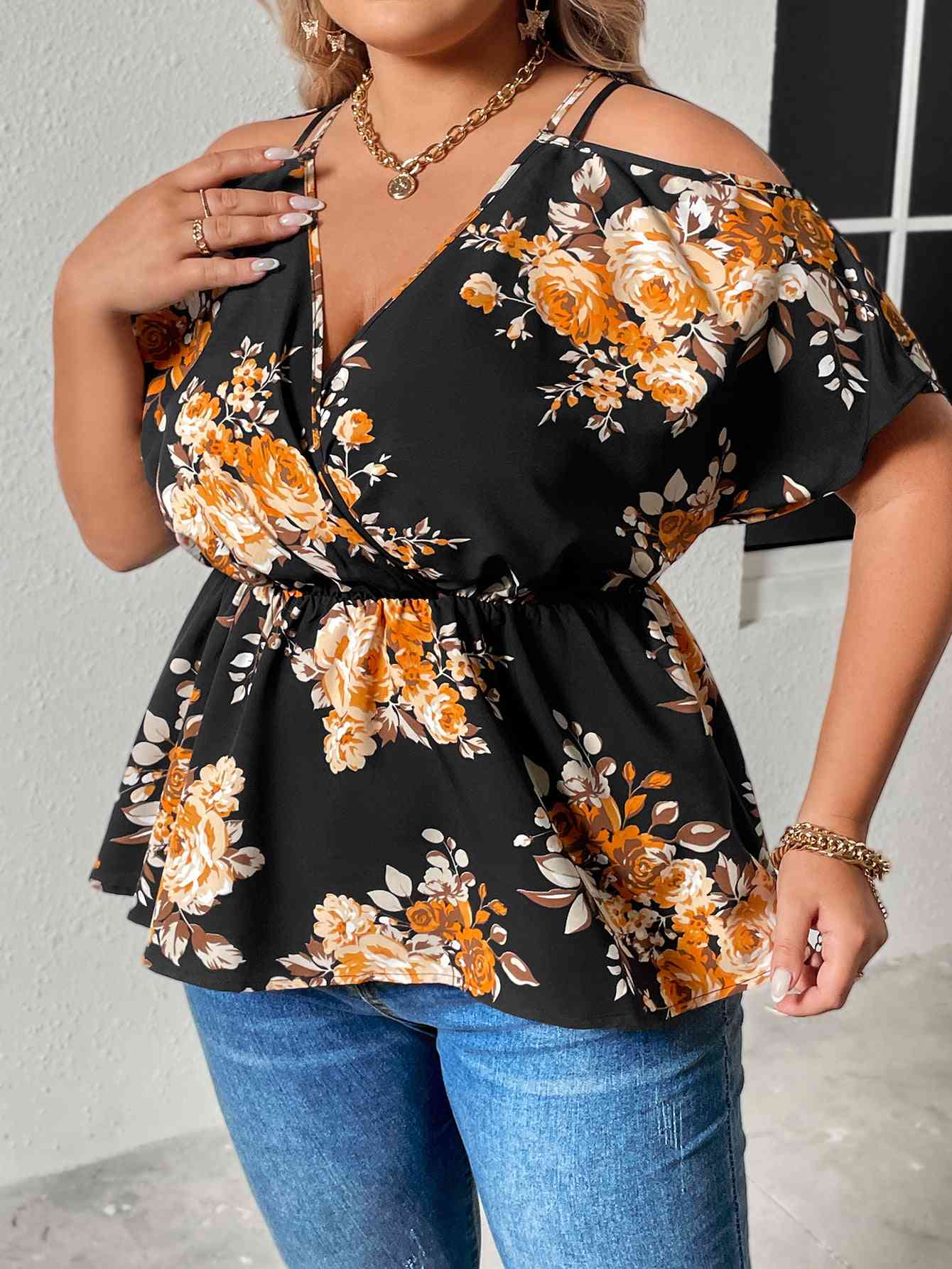 Plus Size Floral Print Cold Shoulder Surplice Neck Blouse