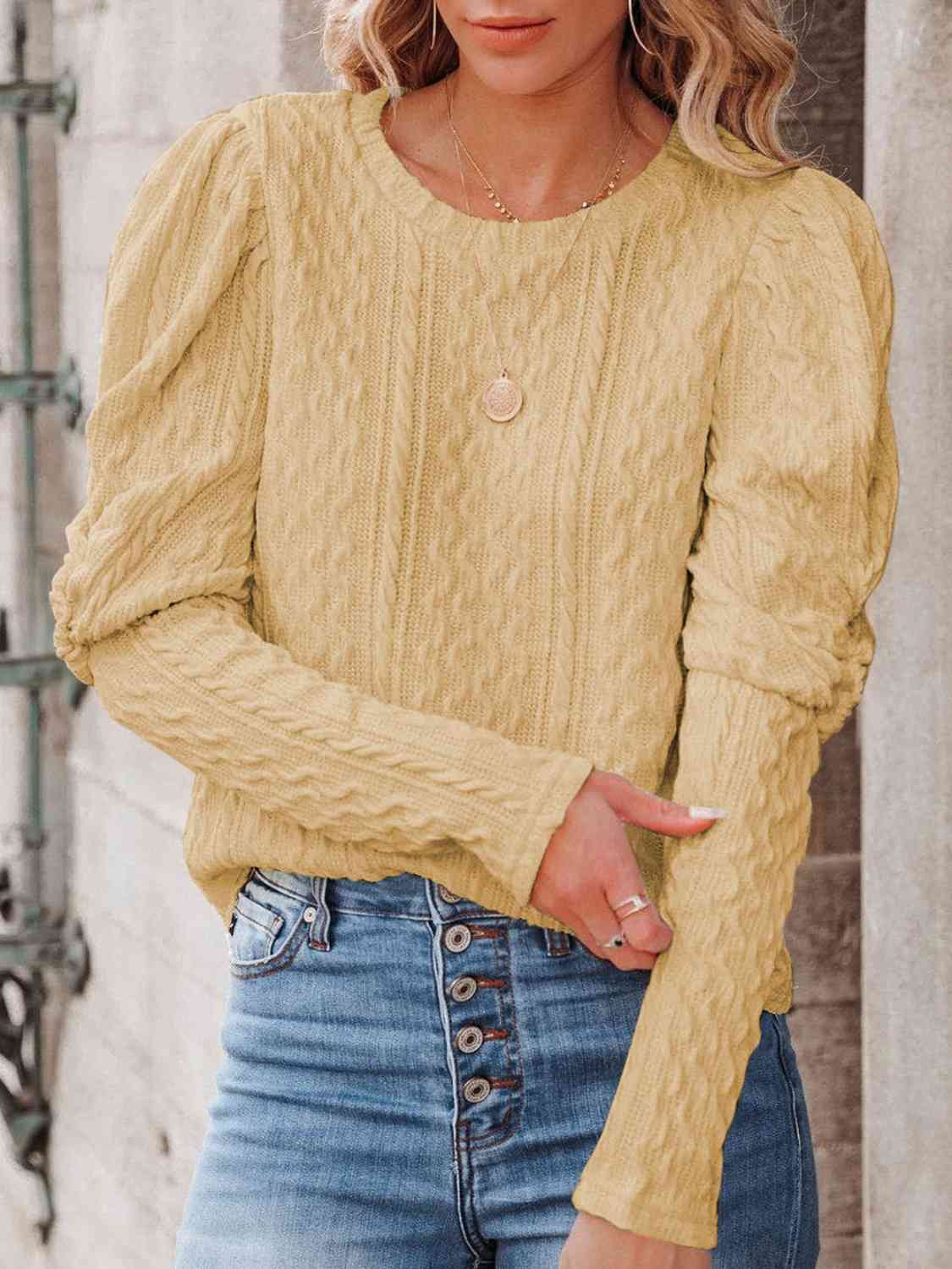 Round Neck Puff Sleeve Knit Top