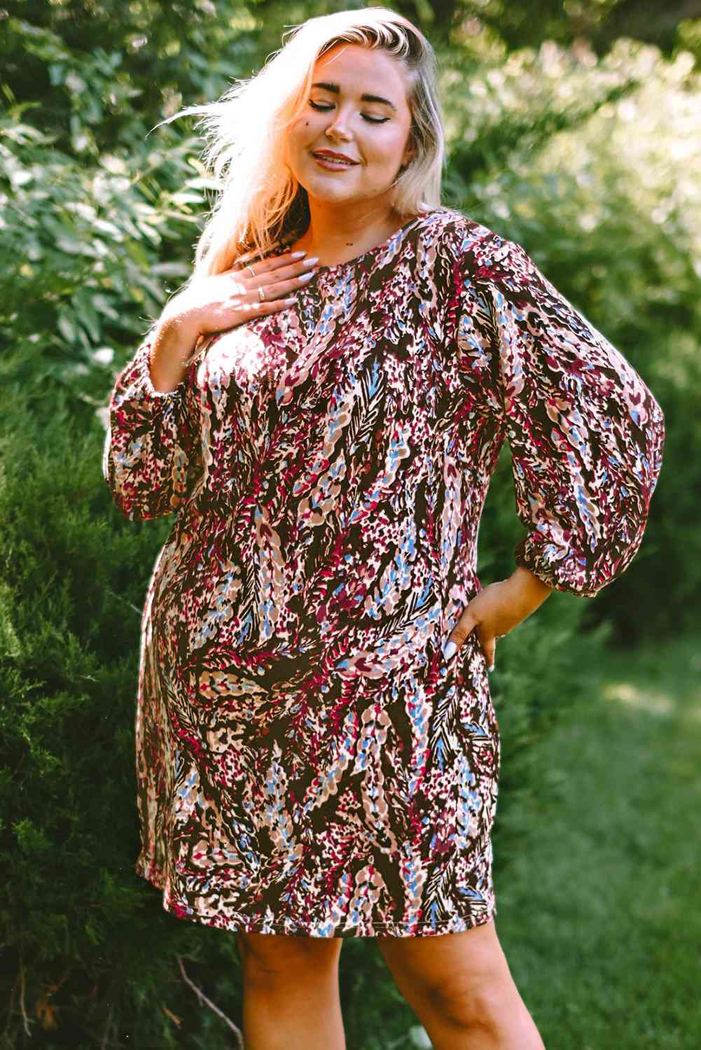 Plus Size Printed Round Neck Long Sleeve Mini Dress