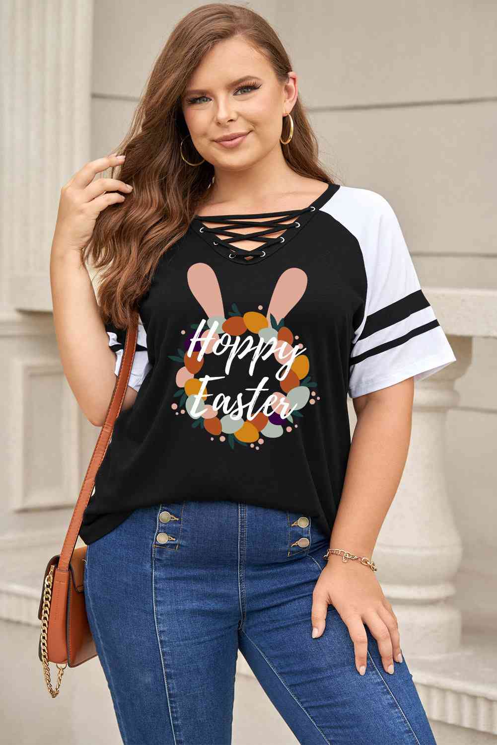 Plus Size HOPPY EASTER Graphic Crisscross V-Neck Tee