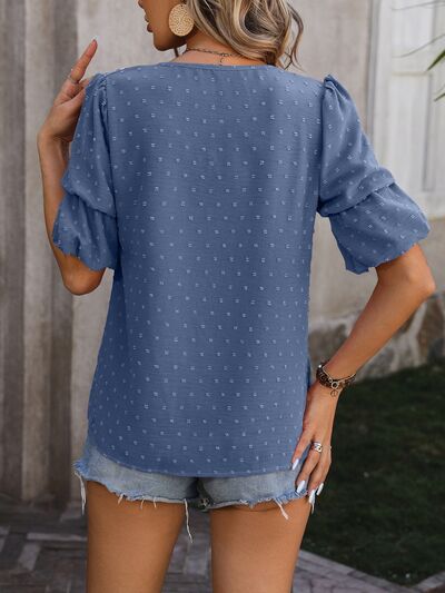 Swiss Dot V-Neck Short Sleeve Blouse