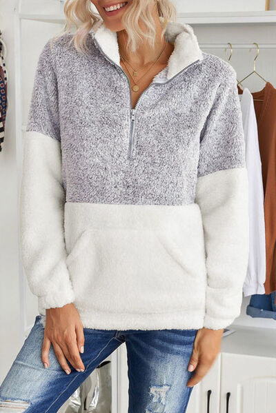 Plus Size Half Zipper Fleece Sweatshirt with Pocket