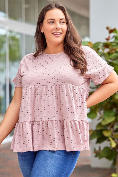 Plus Size Eyelet Round Neck Short Sleeve Blouse