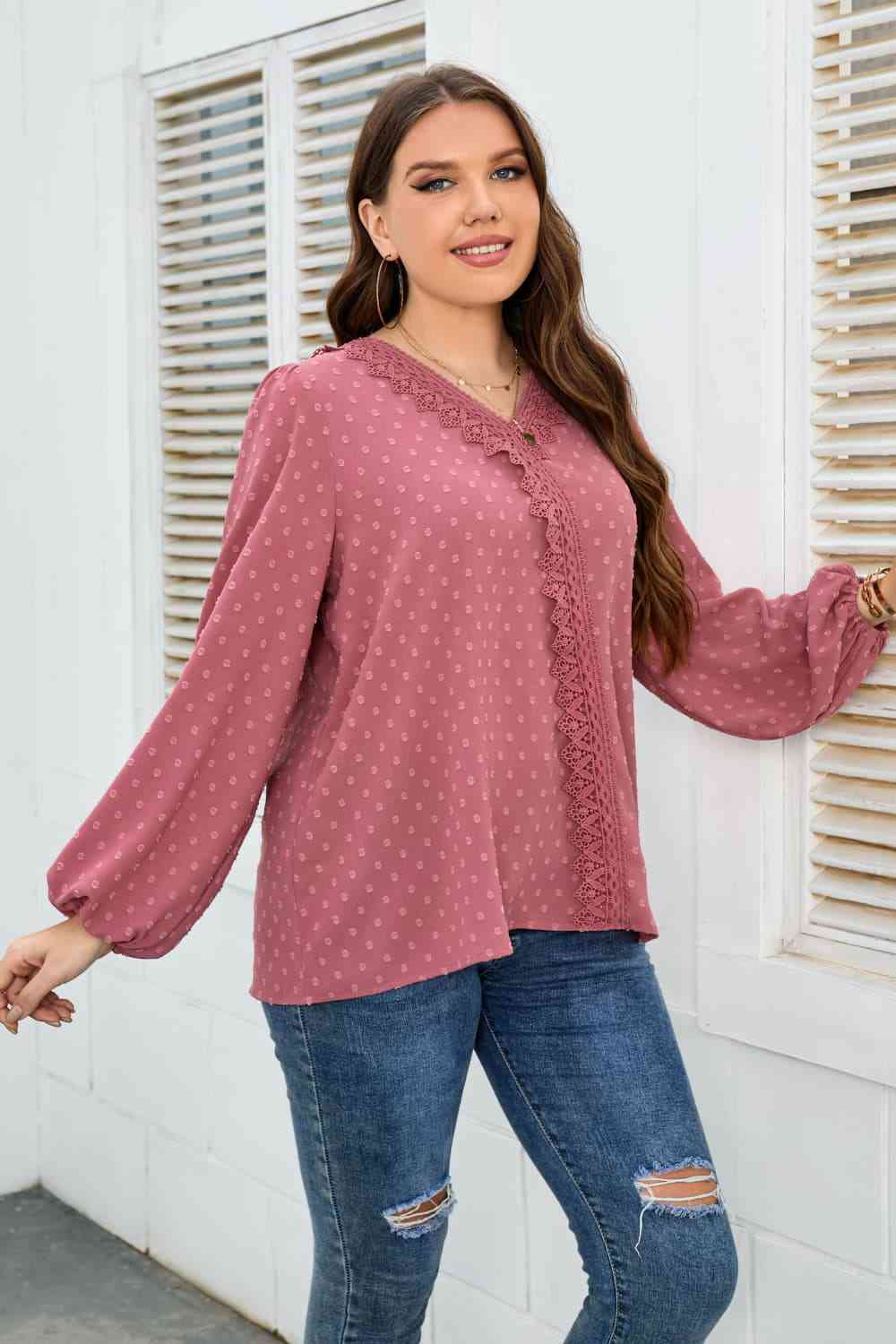 Melo Apparel Plus Size Lace Trim V-Neck Balloon Sleeve Blouse