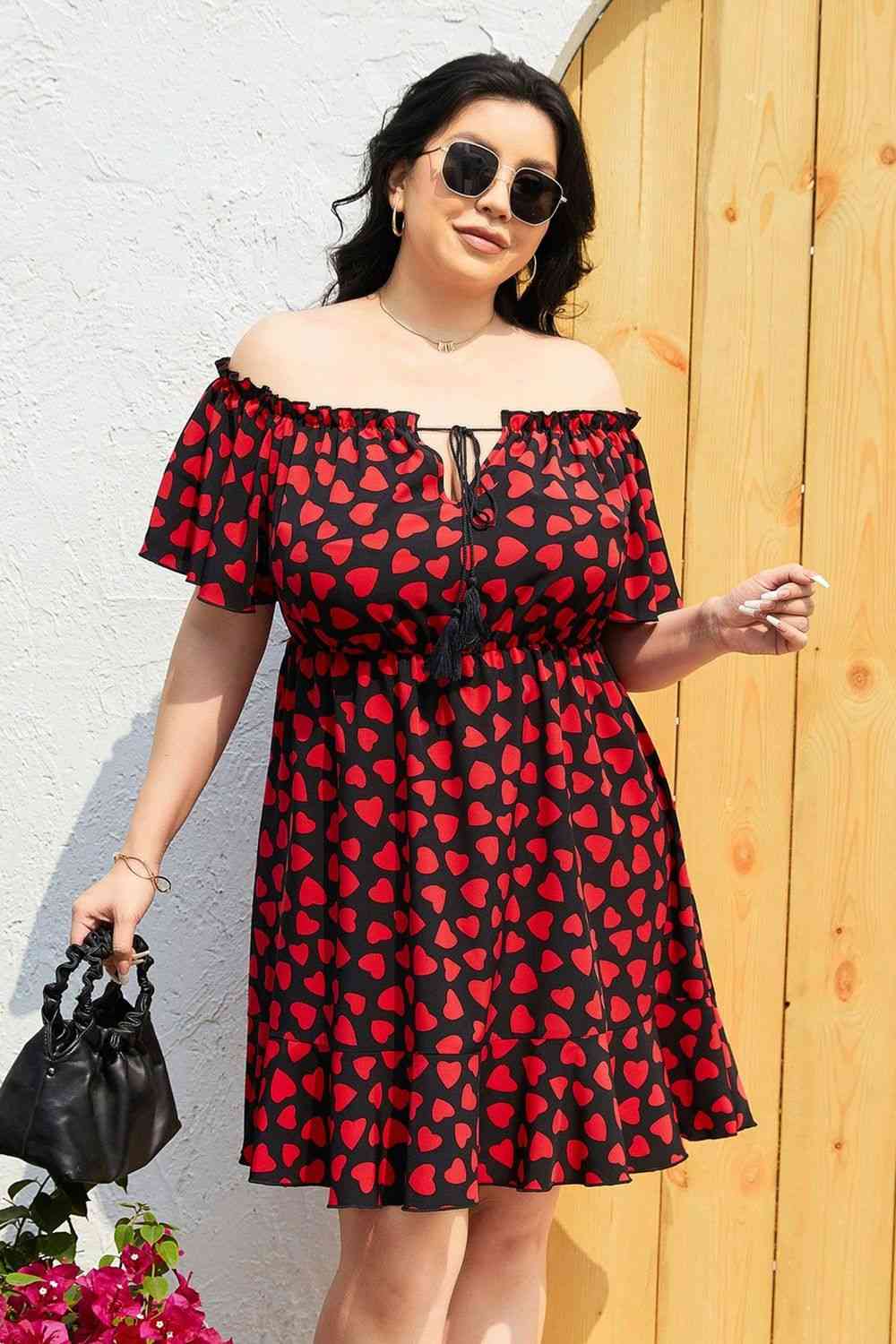 Plus Size Heart Print Off-Shoulder Tied Dress