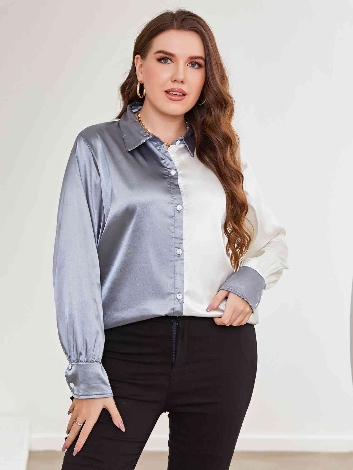 Plus Size Two-Tone Long Sleeve Shirt