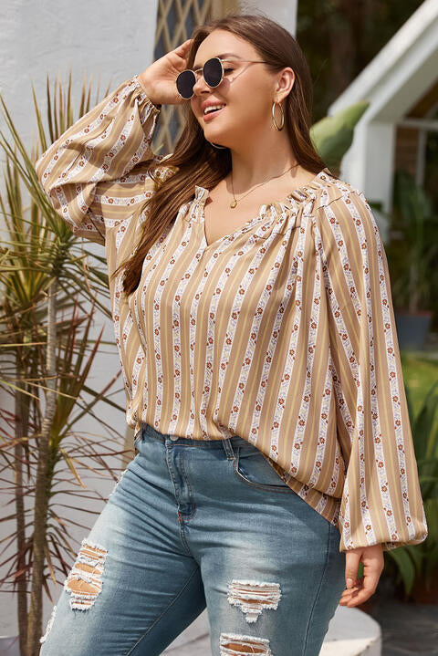 Plus Size Striped Notched Neck Blouse