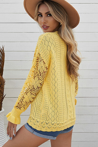 Openwork Lantern Sleeve Dropped Shoulder Sweater