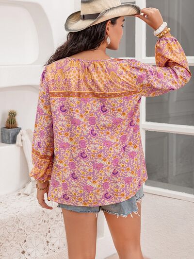 Plus Size Tie Neck Tassel Printed Blouse