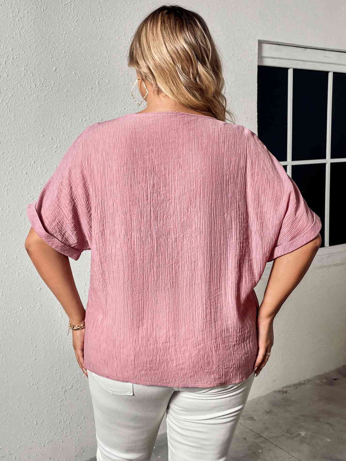 Plus Size Buttoned V-Neck Short Sleeve Blouse